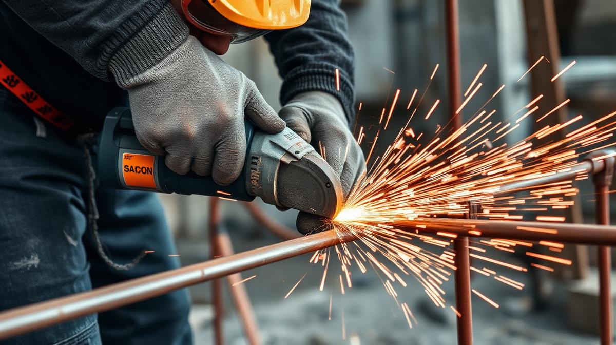 Worker using angle grinder to cut steel rebar with sparks flying