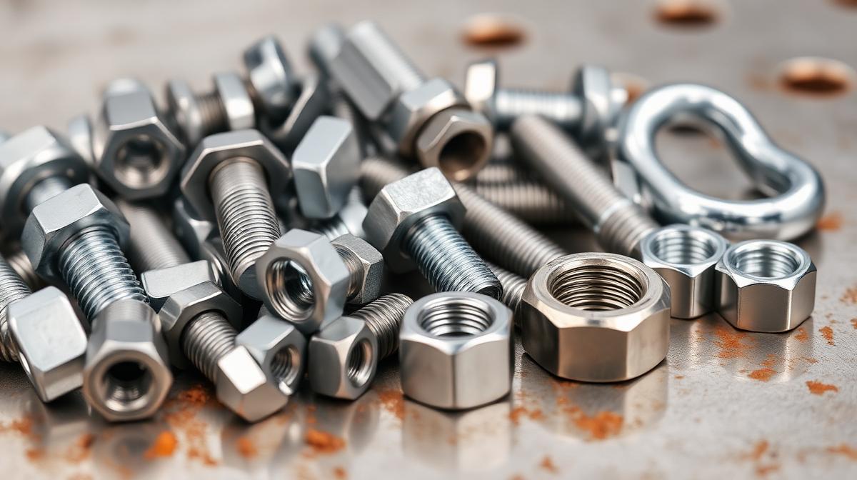 Close-up of different types of nuts and bolts including hex bolts, carriage bolts, and lock nuts