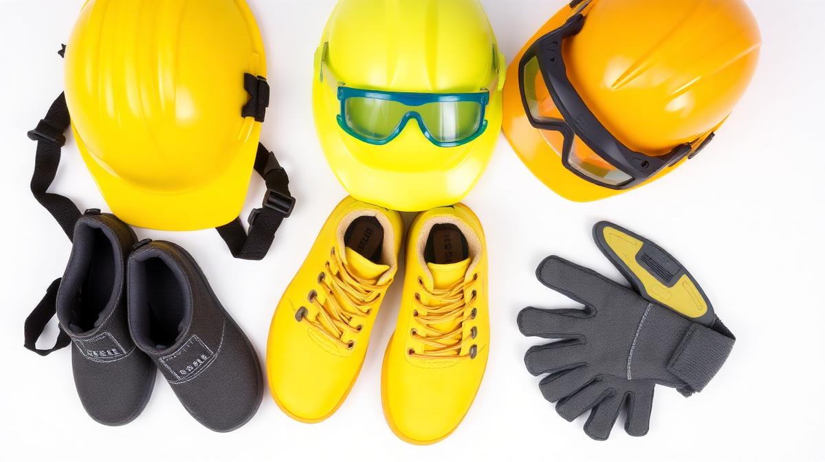 PPE equipment including safety helmets, shoes, goggles, and gloves for construction workers