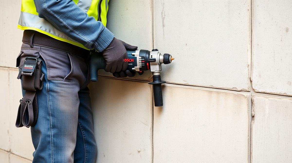 Worker using rotary hammer drill on concrete wall at construction site