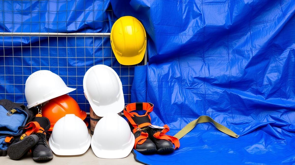Construction site safety setup with tarpaulin covers, wire mesh barriers, and safety signage