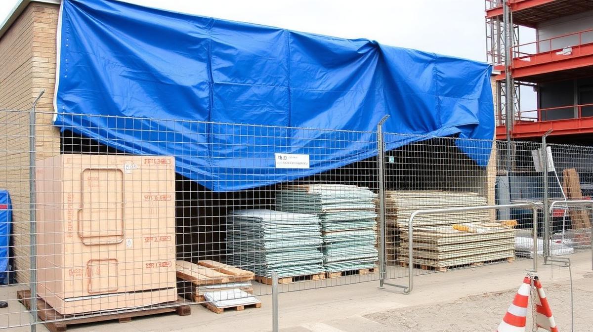 Blue tarpaulin covers and wire mesh fencing at construction site for material protection