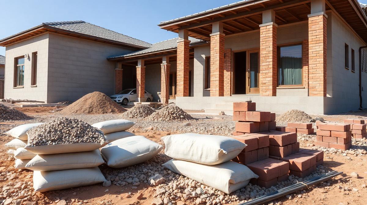 Cement bags, sand, aggregates, red bricks and AAC blocks stacked at a villa construction site