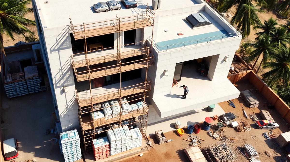 Aerial view of a modern villa under construction with organized stacks of building materials on site