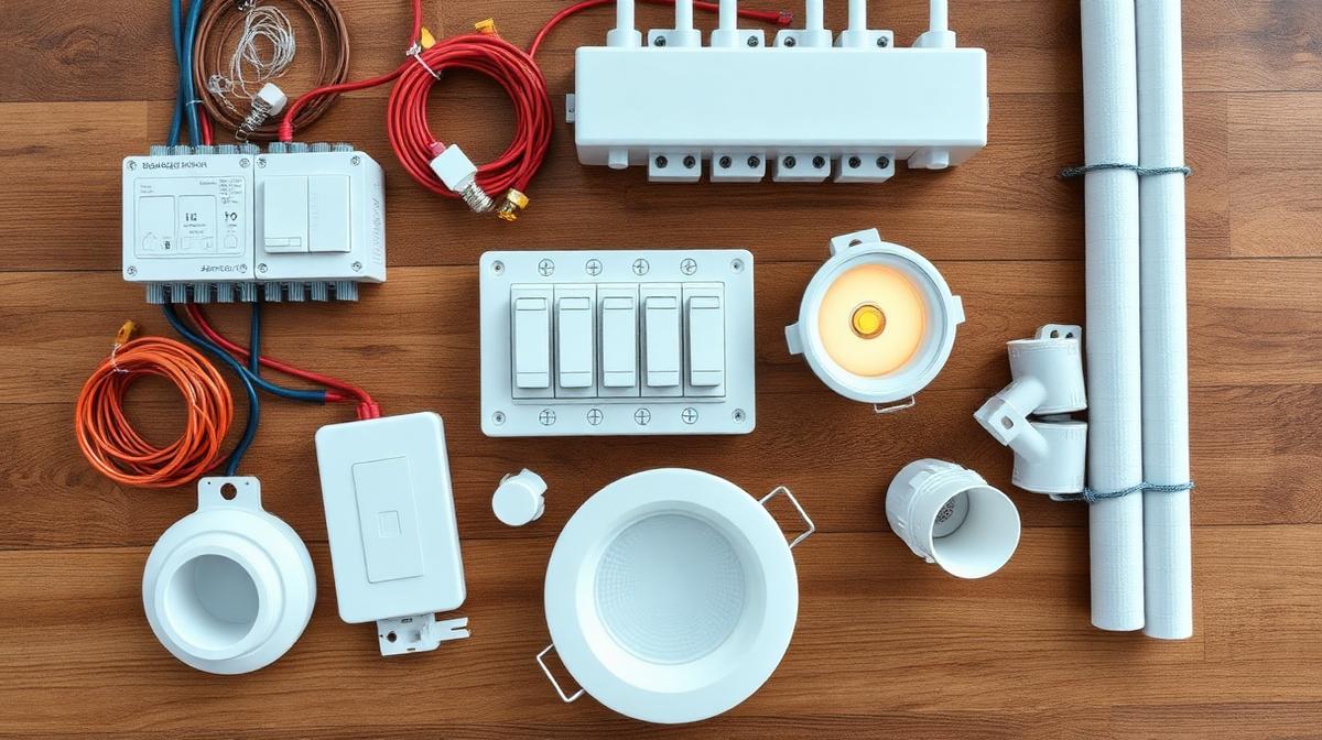 Copper wires, modular switches, MCB distribution board and LED downlights for villa electrical work