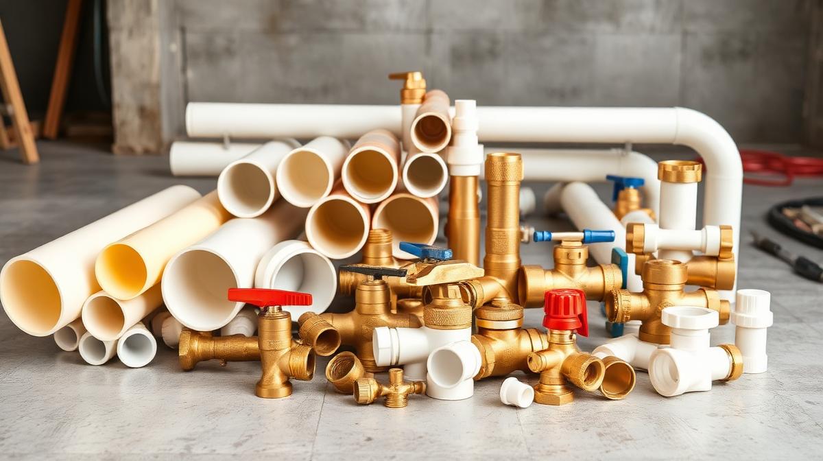 CPVC, UPVC pipes, brass valves and fittings arranged for villa plumbing installation
