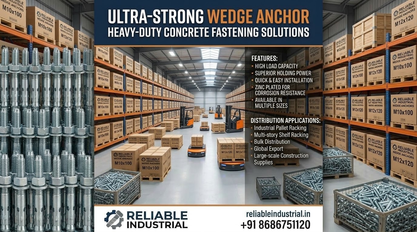Boxes of zinc-plated wedge anchor fasteners stacked in our hardware warehouse