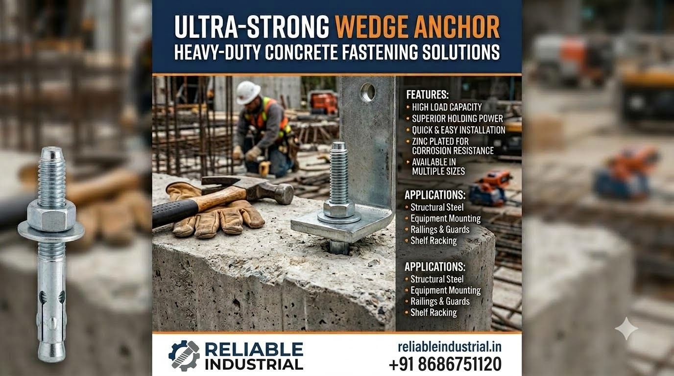 Worker tightening nut on a wedge anchor fastener securing a steel base plate to a concrete slab